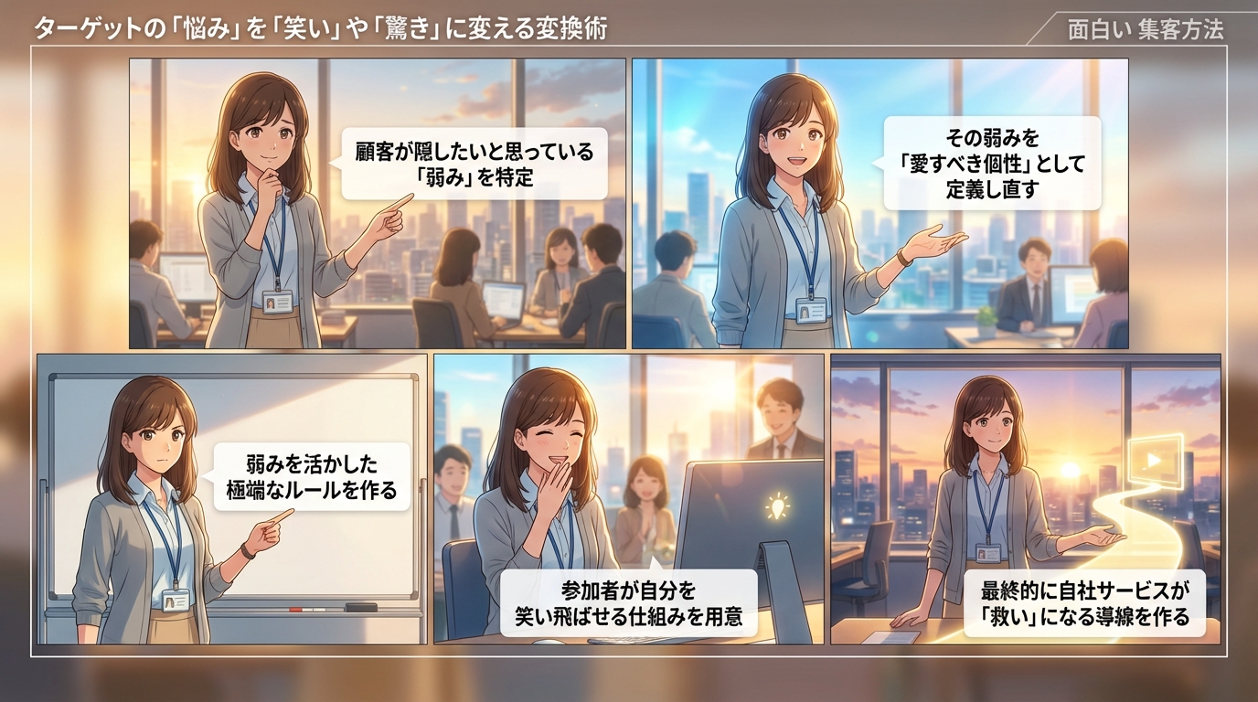 ターゲットの「悩み」を「笑い」や「驚き」に変える変換術