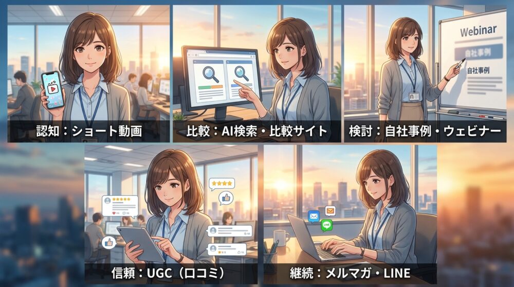 ターゲットユーザーの属性と行動フェーズ（認知・比較・検討）