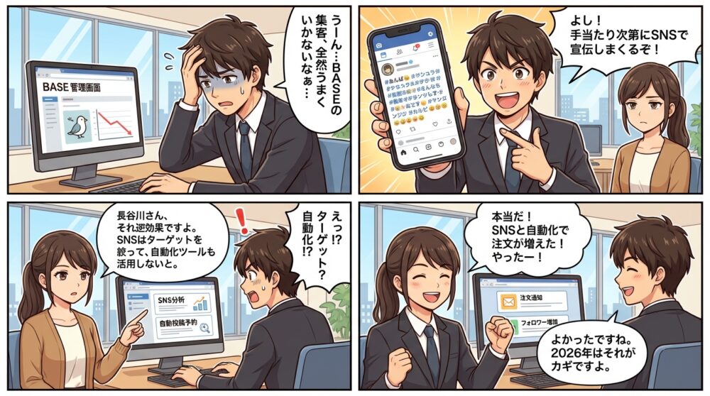 base 集客方法の4コマ漫画