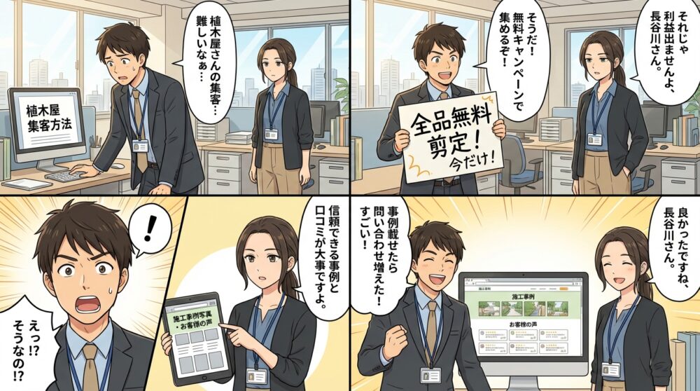 植木屋 集客方法の4コマ漫画