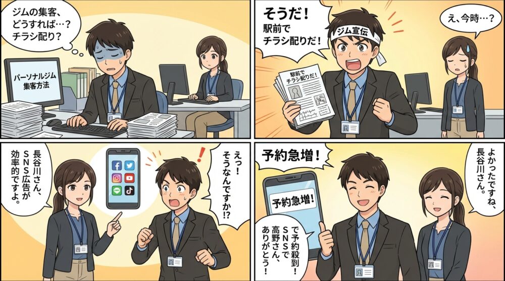 パーソナルジム 集客方法の4コマ漫画