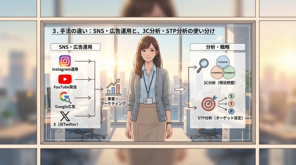 3. 手法の違い:SNS・広告運用と、3C分析・STP分析の使い分け