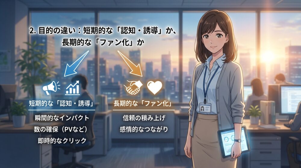 2. 目的の違い:短期的な「認知・誘導」か、長期的な「ファン化」か