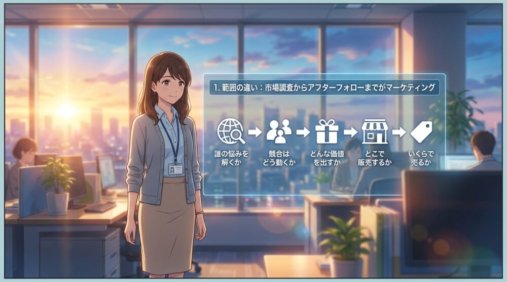 1. 範囲の違い:市場調査からアフターフォローまでがマーケティング