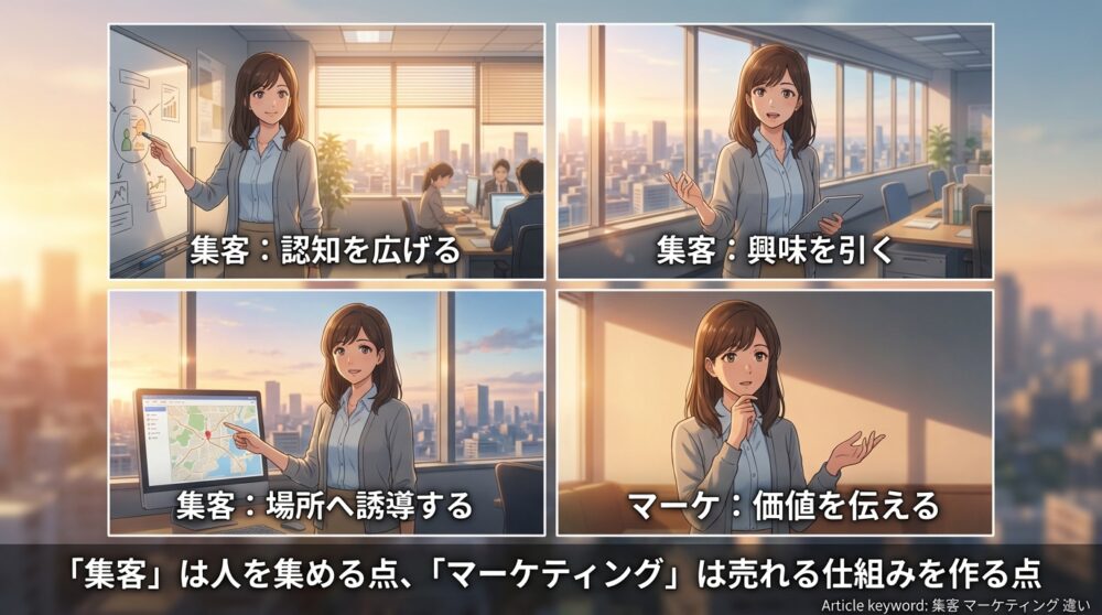 「集客」は人を集める点、「マーケティング」は売れる仕組みを作る点