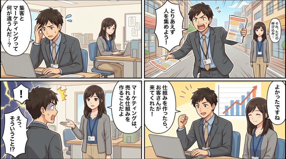集客 マーケティング 違いの4コマ漫画