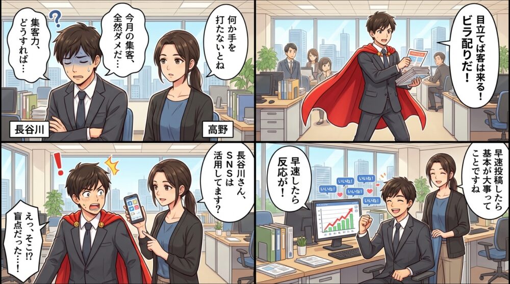 集客 力 を 上げる 方法の4コマ漫画