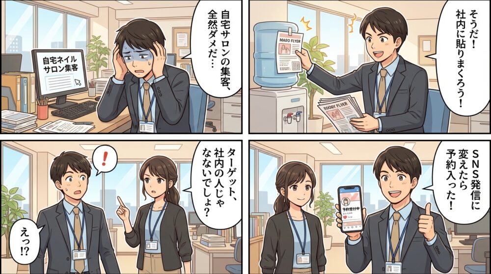 自宅 ネイルサロン 集客の4コマ漫画