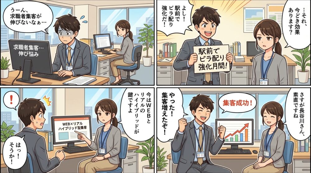 人材紹介 求職者 集客方法の4コマ漫画