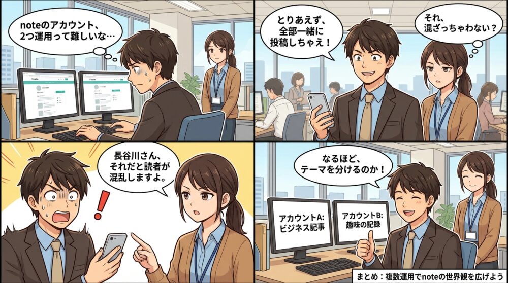 note 2つ目のアカウント 複数運用の4コマ漫画