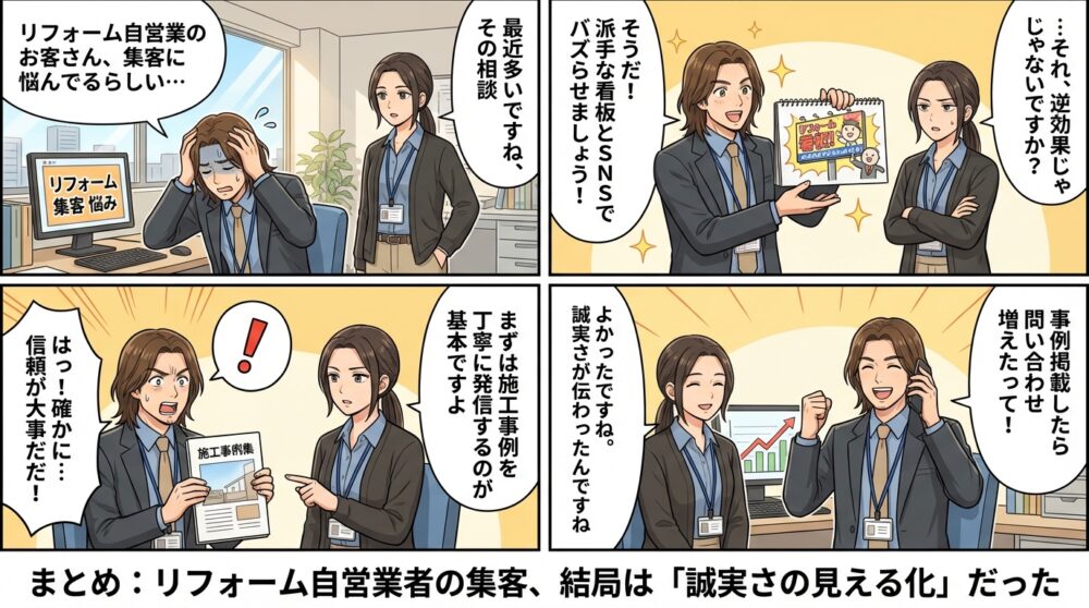 リフォーム自営業者　集客の4コマ漫画