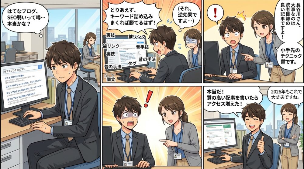 はてなブログ SEO 弱いの4コマ漫画