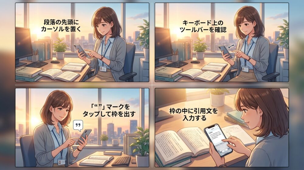 スマホアプリ版での「note 引用 書き方」の手順