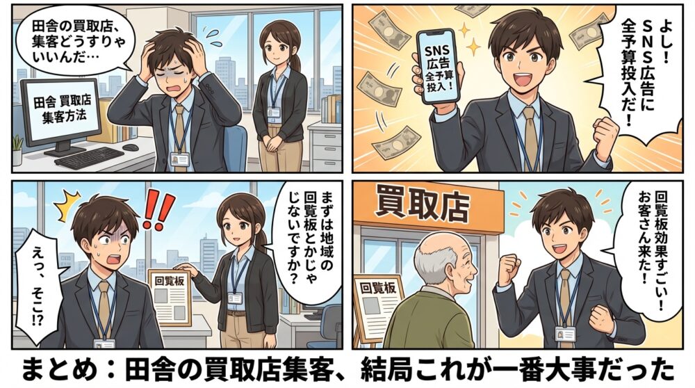 買取店 集客方法　田舎　地方の4コマ漫画