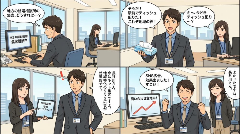 結婚相談所 集客方法　地方の4コマ漫画