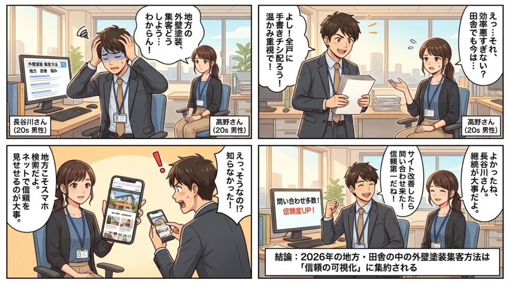 外壁塗装 集客方法　地方　田舎の4コマ漫画