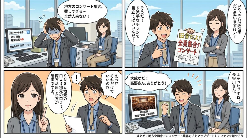 コンサート 集客方法 地方 田舎の4コマ漫画