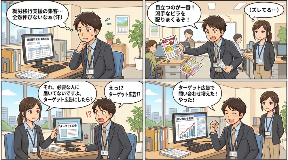 就労移行支援 集客方法の4コマ漫画