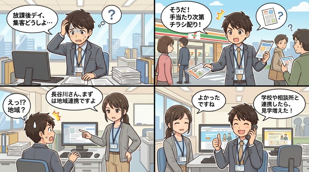 放課後 デイサービス 集客方法の4コマ漫画