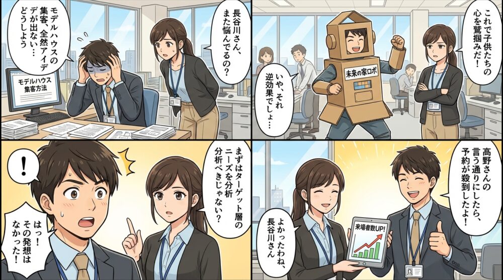 モデルハウス 集客方法の4コマ漫画