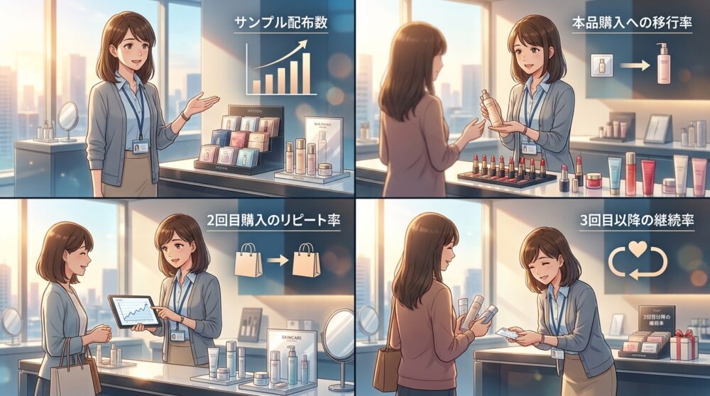 サンプル配布→本品購入→リピートまでの移行率を測定できる状態にする