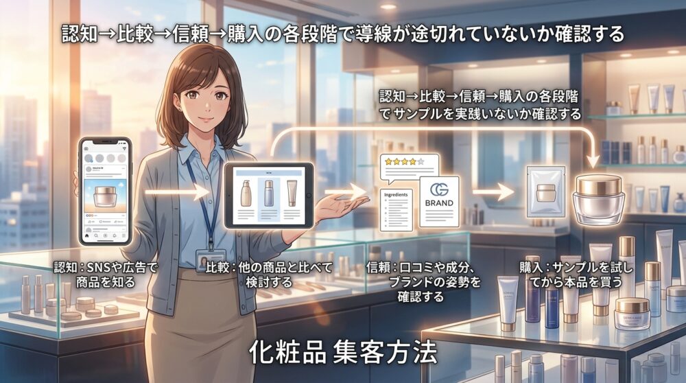 認知→比較→信頼→購入の各段階で導線が途切れていないか確認する