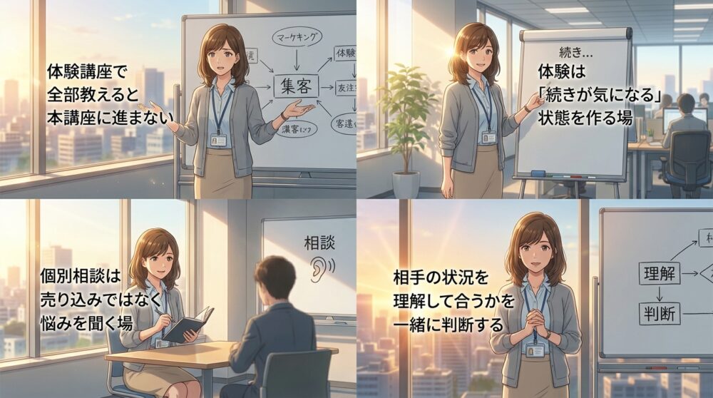 信頼を積み上げて申込につなげる施策（体験講座・個別相談）