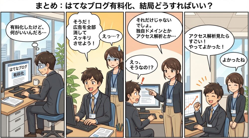 はてなブログ　有料化　メリットの4コマ漫画