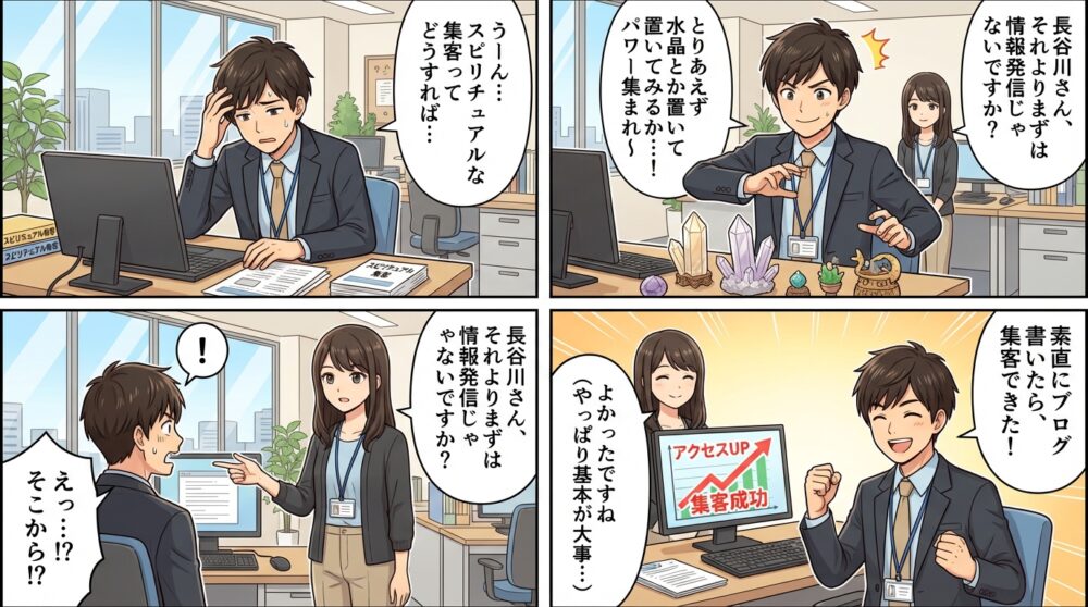 スピリチュアル 集客の4コマ漫画