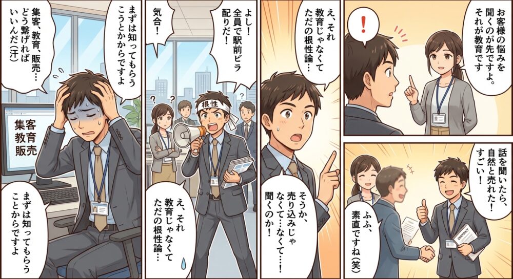 集客 教育 販売の4コマ漫画