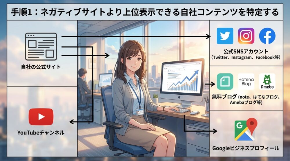 手順1:ネガティブサイトより上位表示できる自社コンテンツを特定する
