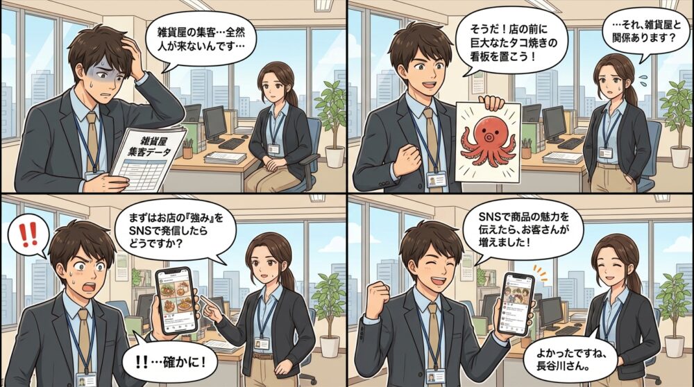 雑貨屋 集客方法の4コマ漫画