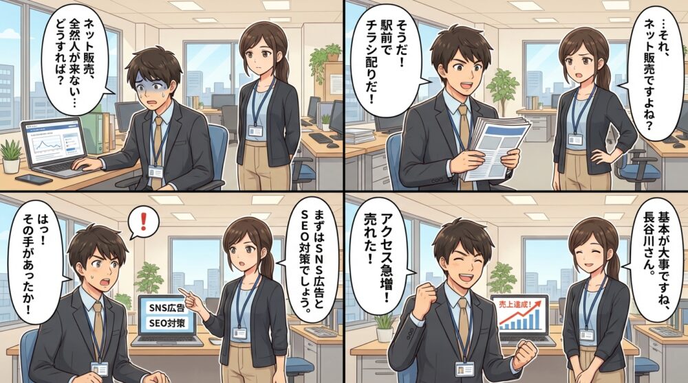 ネット販売 集客方法の4コマ漫画