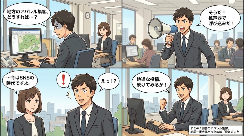 集客方法 アパレル　地方　田舎の4コマ漫画