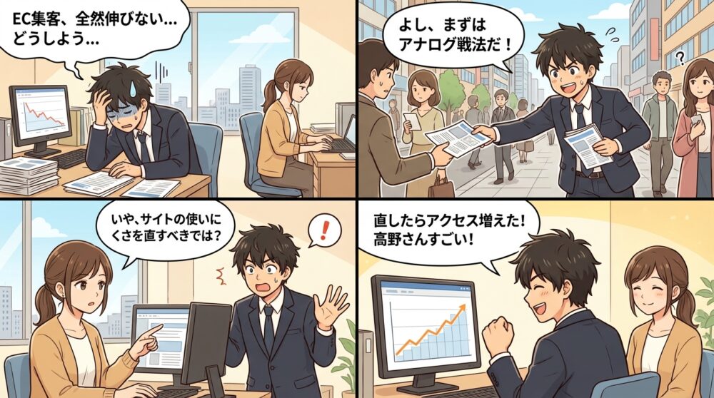 ec 集客方法の4コマ漫画
