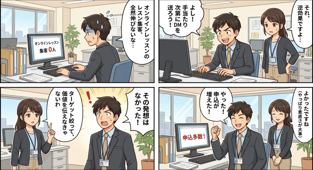 オンラインレッスン 集客方法の4コマ漫画