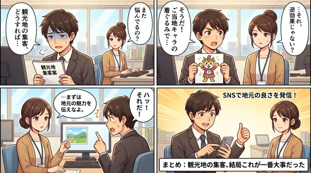 観光地 集客方法の4コマ漫画