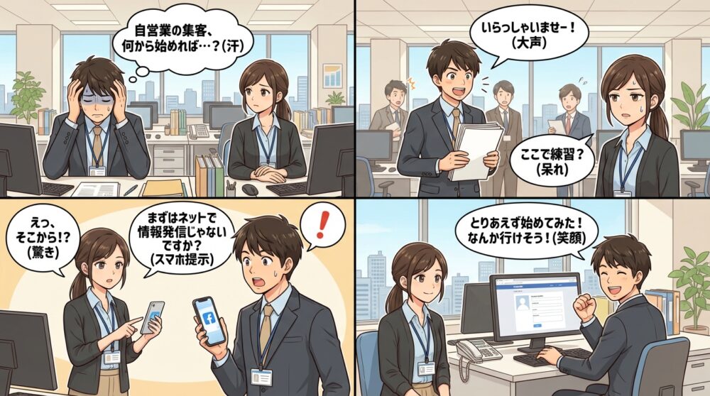 自営業　開業 集客方法の4コマ漫画