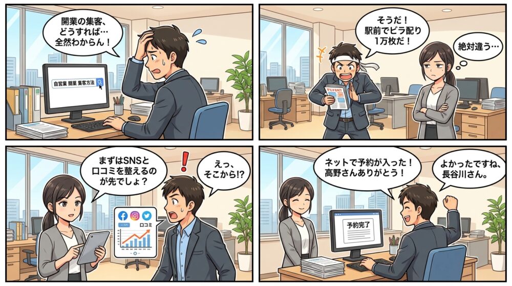 自営業　開業 集客方法の4コマ漫画