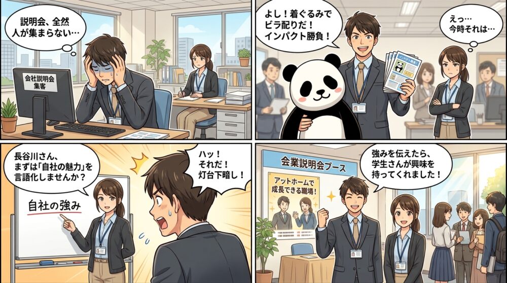 零細企業　会社説明会 集客方法の4コマ漫画
