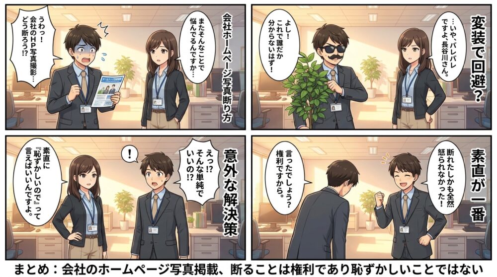 会社 ホームページ 写真 断り方の4コマ漫画