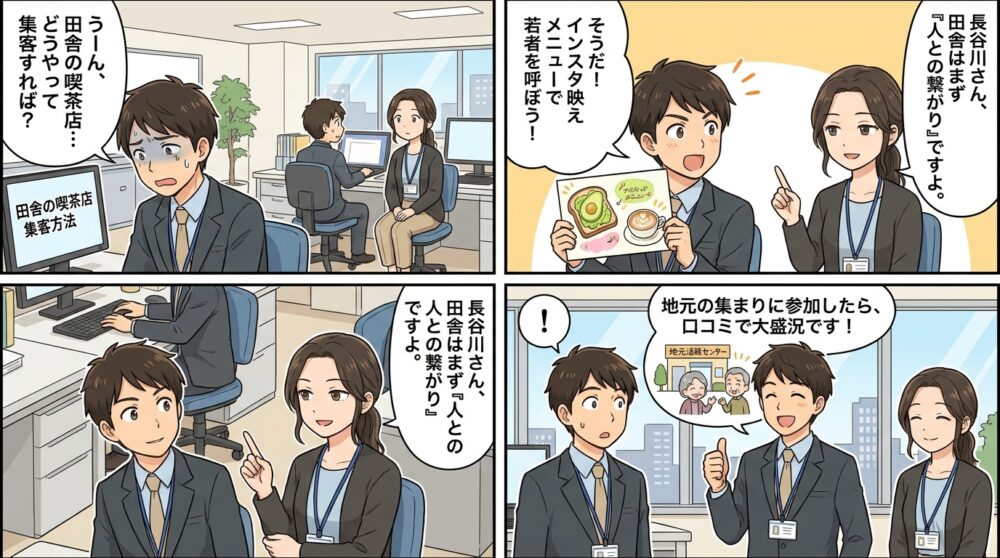 喫茶店 集客方法　田舎の4コマ漫画