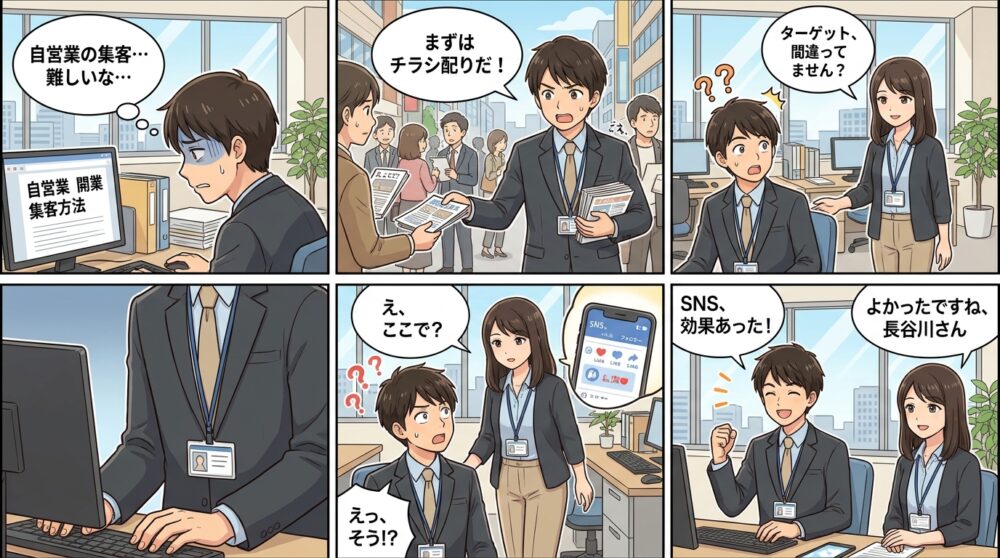 自営業 開業 集客方法の4コマ漫画