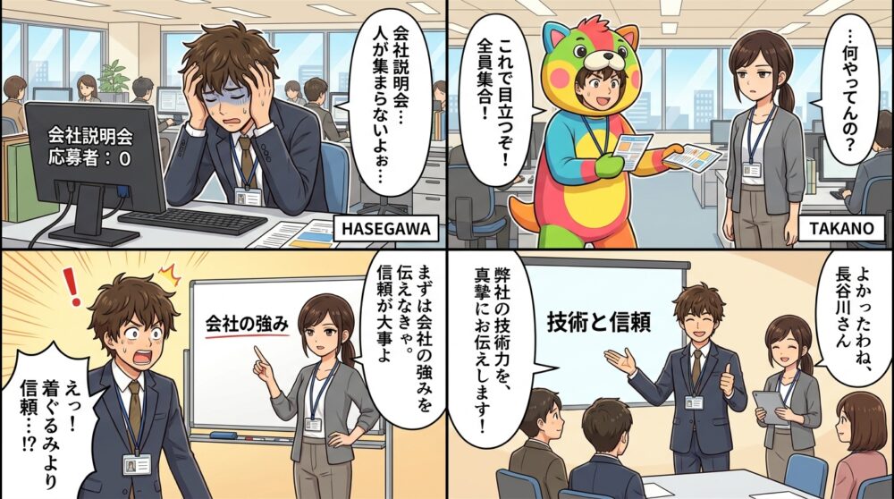 零細企業 会社説明会 集客方法の4コマ漫画
