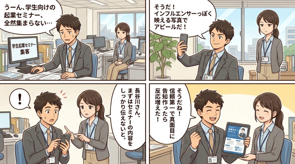 起業 学生 集客方法の4コマ漫画