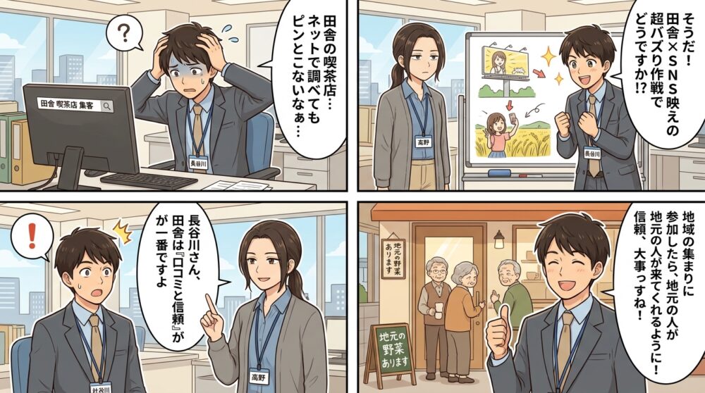 喫茶店 集客方法 田舎の4コマ漫画