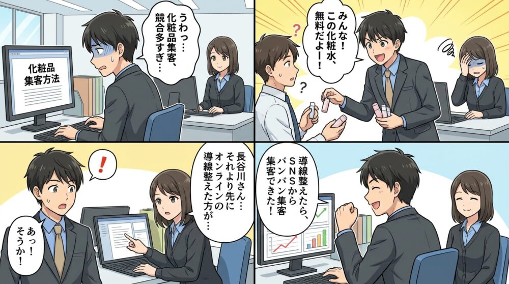 化粧品 集客方法の4コマ漫画