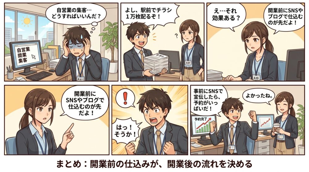 自営業 開業 集客方法の4コマ漫画