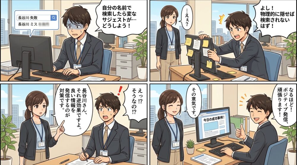 サジェスト汚染 対策の4コマ漫画