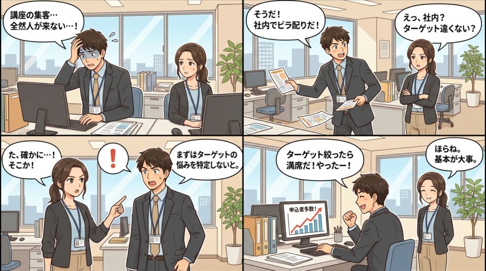 講座 集客方法の4コマ漫画